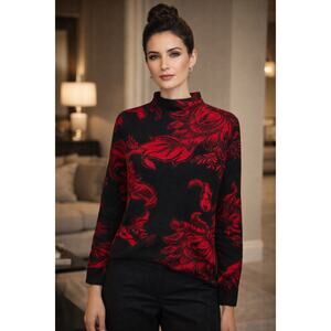 Chico’s Rayon Cotton Blend Floral Jacquard Mock Neck Sweater Red Black M
Or 1